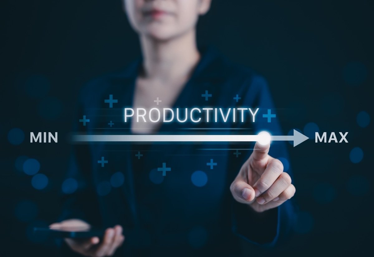 A finger moving a slider from MIN to MAX labelled Productivity