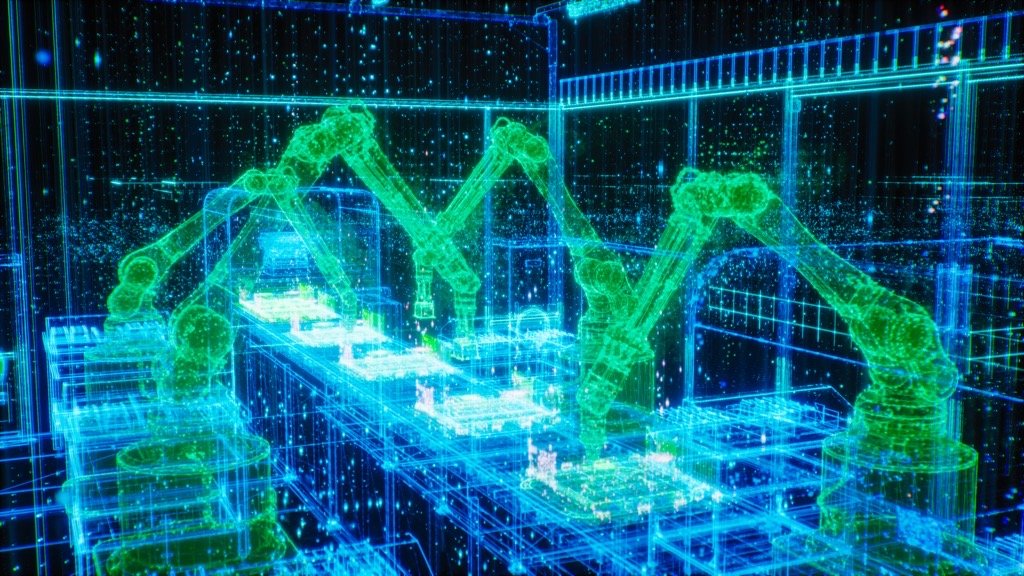 Digital twin of a production line: robot arms and conveyor as a glowing wireframe model
